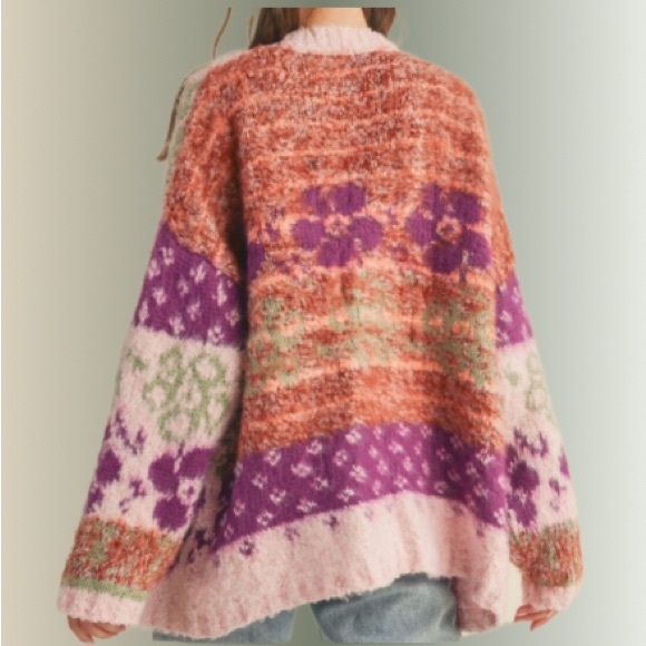 New So Pretty Multi Floral Pattern Oversized Open Front Knit Cardigan - Picture 5 of 8